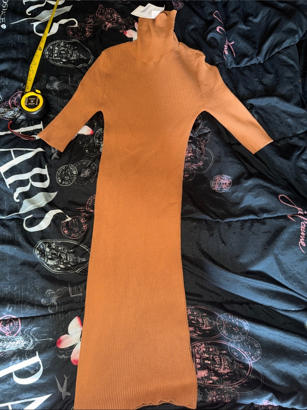 Ribbed Turtleneck Midi Dress in Rust
